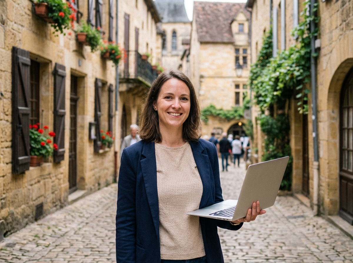 Femme souriante avec ordinateur dans le centre historique de Sarlat