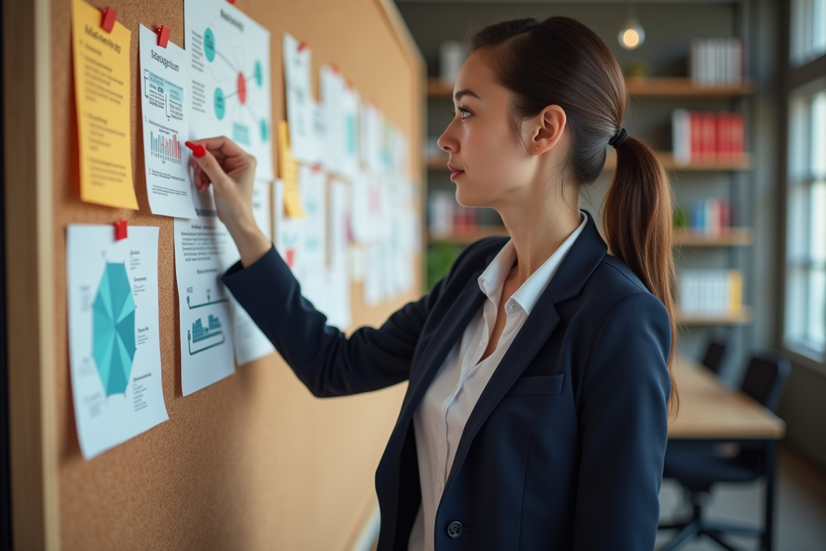 Jeune femme pinçant une note sur un tableau de stratégie marketing