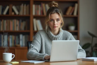 Femme concentrée passant un test de QI en ligne sur un ordinateur portable dans un bureau à domicile cosy