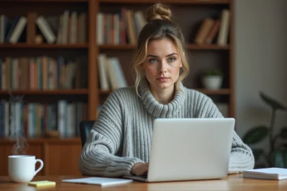 Femme concentrée passant un test de QI en ligne sur un ordinateur portable dans un bureau à domicile cosy