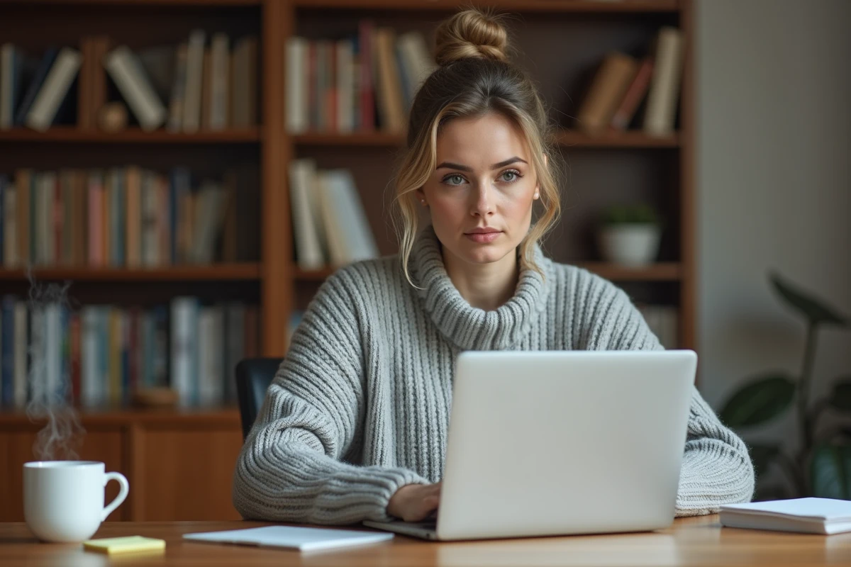 Femme concentrée passant un test de QI en ligne sur un ordinateur portable dans un bureau à domicile cosy