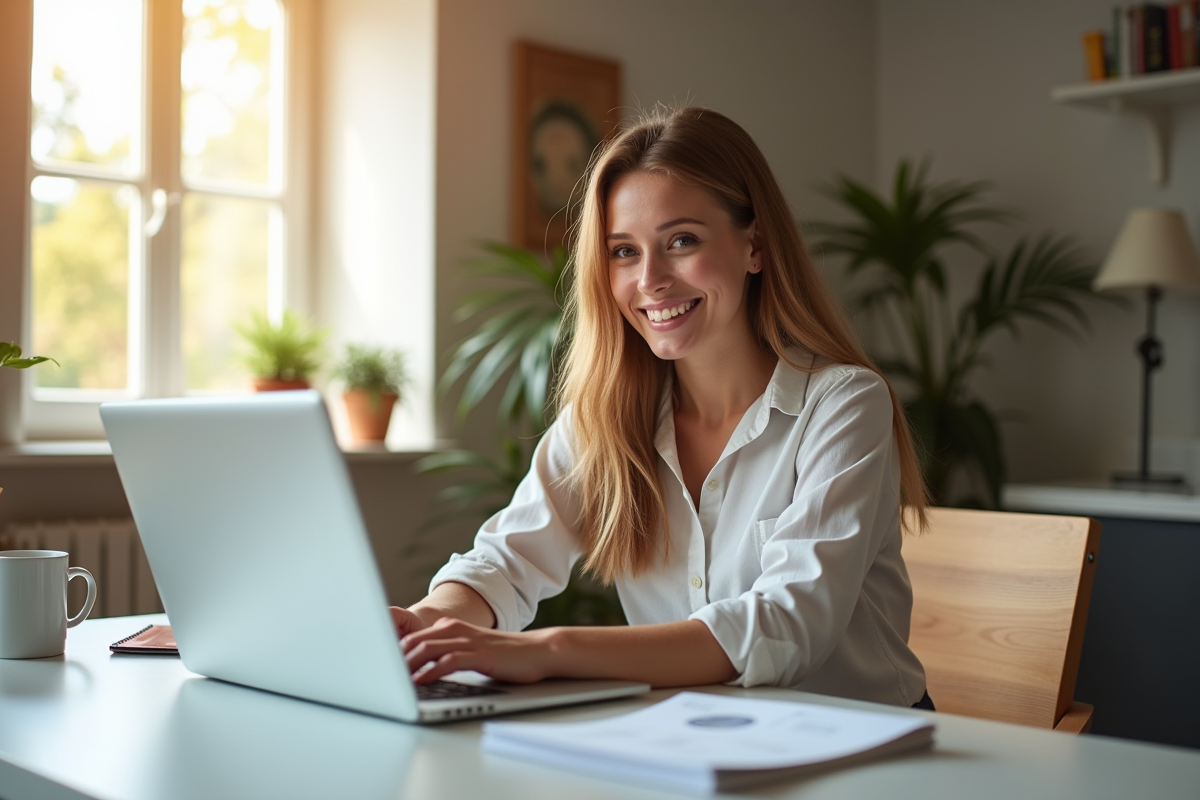 Femme souriante travaillant à domicile avec un ordinateur portable et un certificat