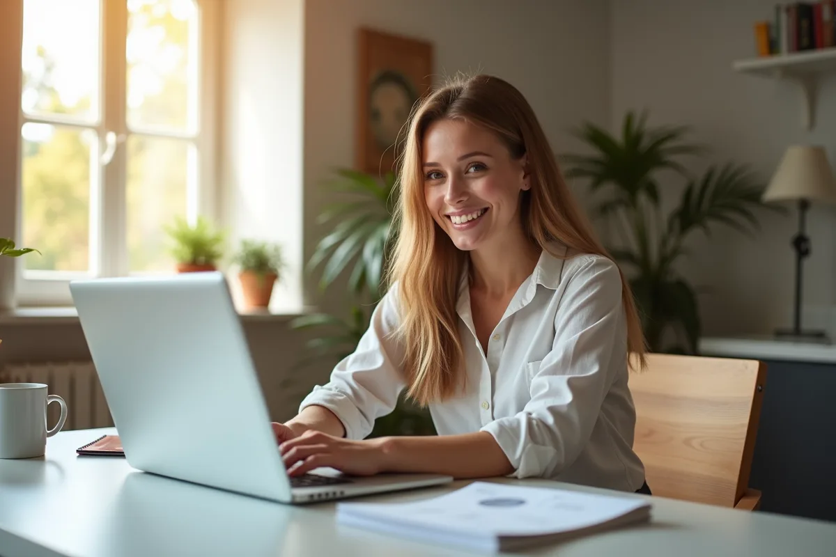 Femme souriante travaillant à domicile avec un ordinateur portable et un certificat