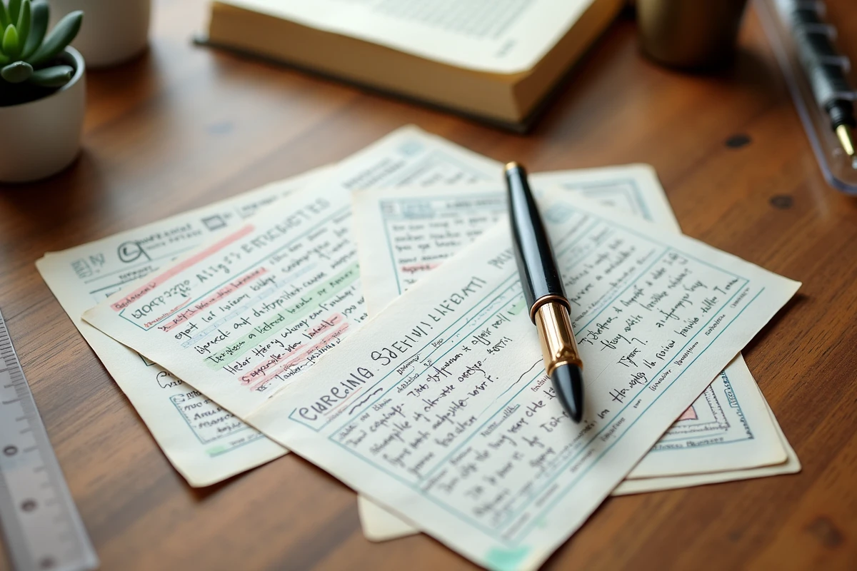 Vue de dessus de fiches manuscrites organisées avec des exemples annotés pour préparer une dissertation