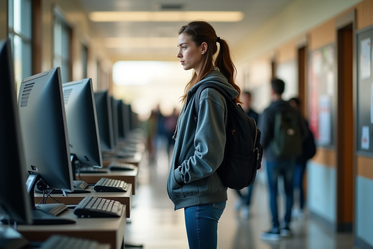 Jeune femme étudiant dans un couloir universitaire lumineux