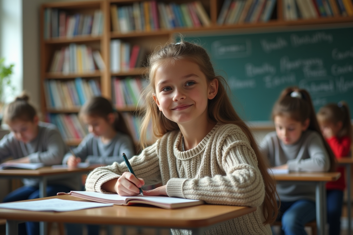 Fille de 16 ans écrivant en classe avec concentration