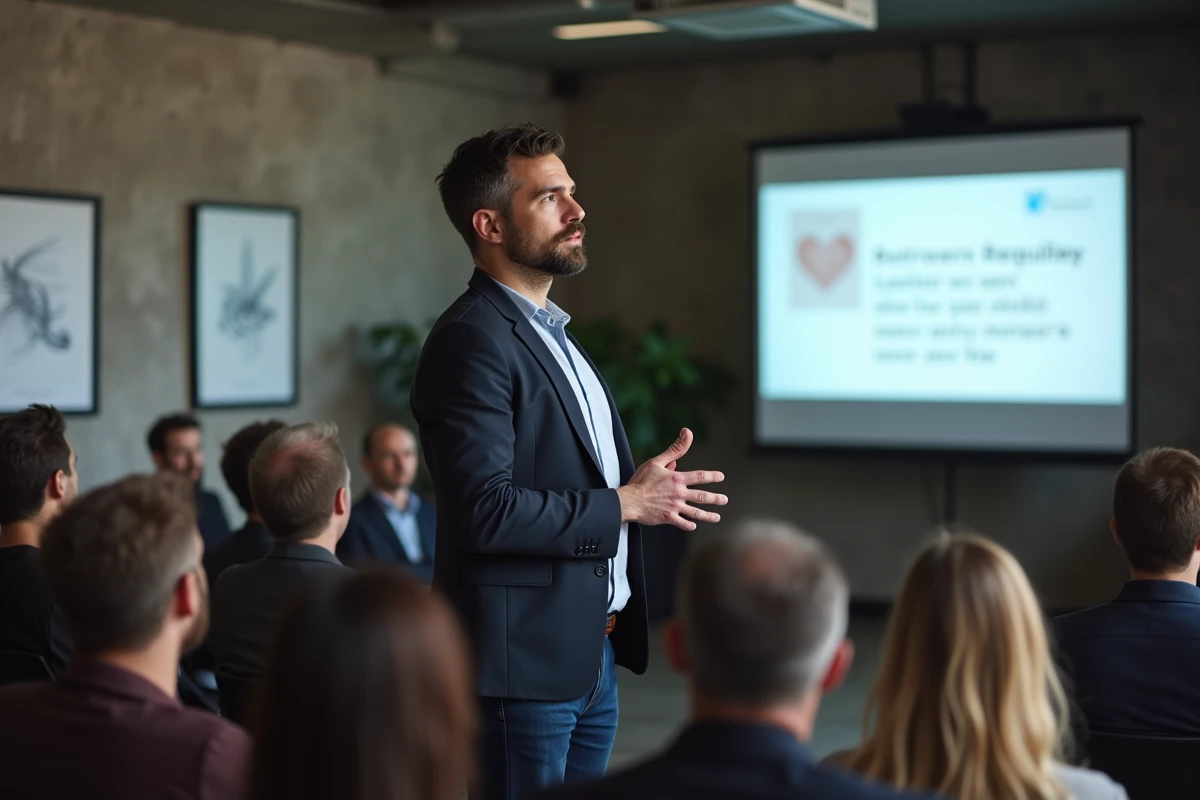 Formateur expert présentant une conférence digitale en salle à Paris devant un public de professionnels