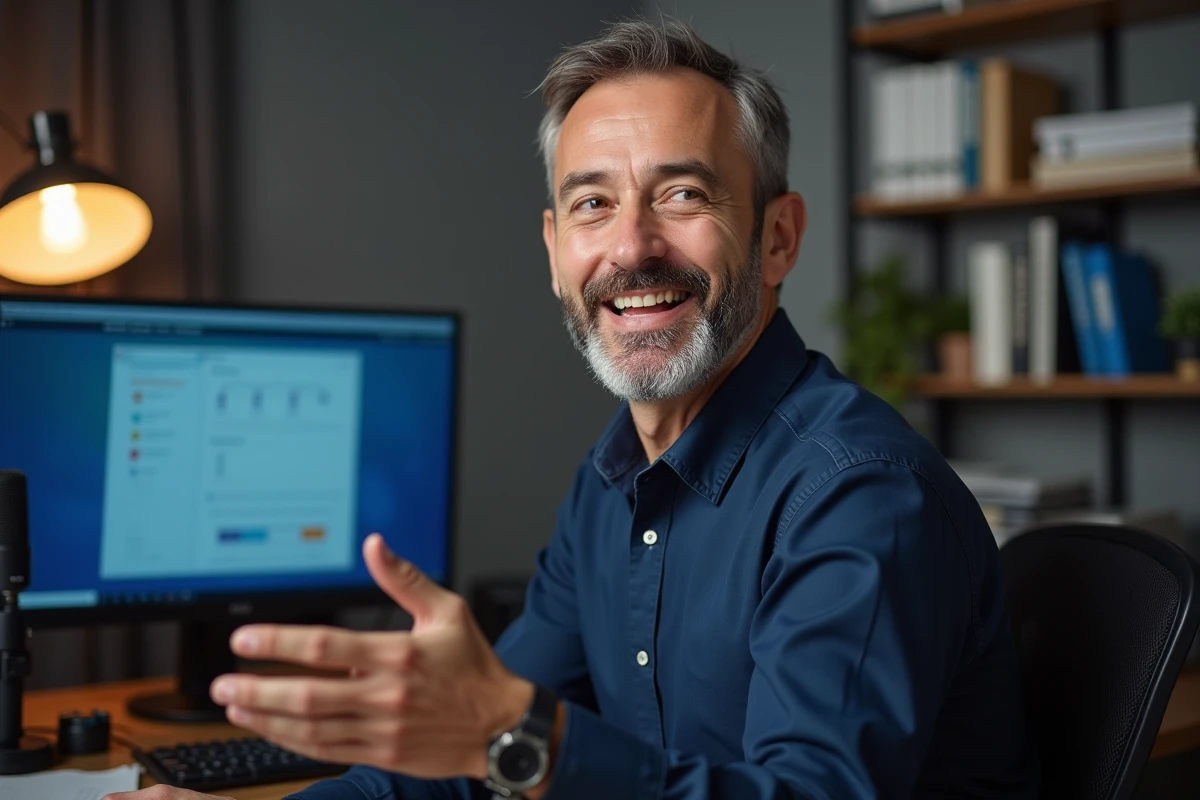 Formateur en ligne dans la quarantaine expliquant un cours en e-learning depuis son studio à domicile avec micro et tableau de bord pédagogique