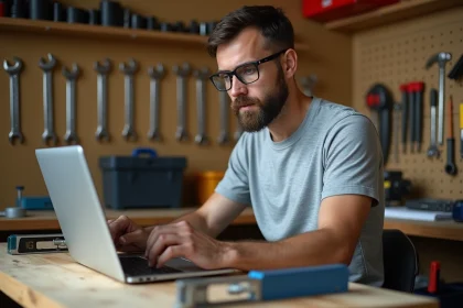 Homme adulte suivant une formation bricolage en ligne sur un ordinateur portable dans un atelier domestique bien équipé