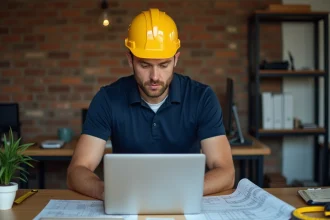 Homme en formation BTP en ligne sur ordinateur portable avec casque de chantier jaune et plans de construction