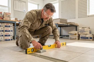 Adulte en reconversion professionnelle posant du carrelage lors d'une formation pratique en atelier de carrelage