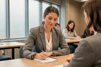 Femme adulte en formation professionnelle courte en présentiel, prenant des notes dans une salle de cours moderne