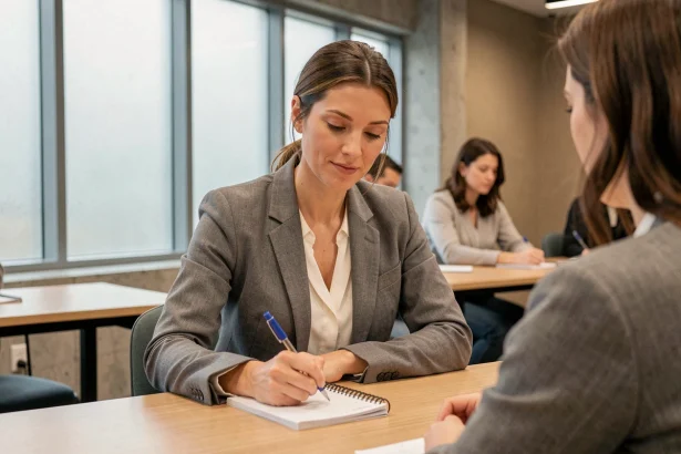 Femme adulte en formation professionnelle courte en présentiel, prenant des notes dans une salle de cours moderne