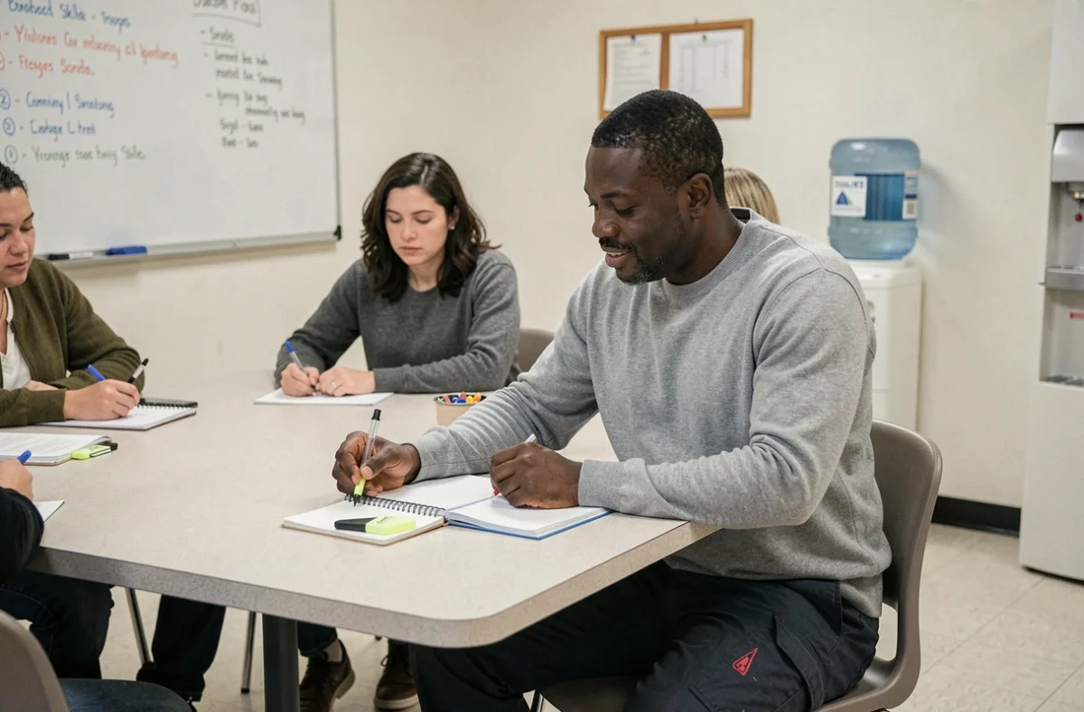 Adulte sans papier participant à une session de formation courte dans un centre d'intégration communautaire pour acquérir des compétences professionnelles