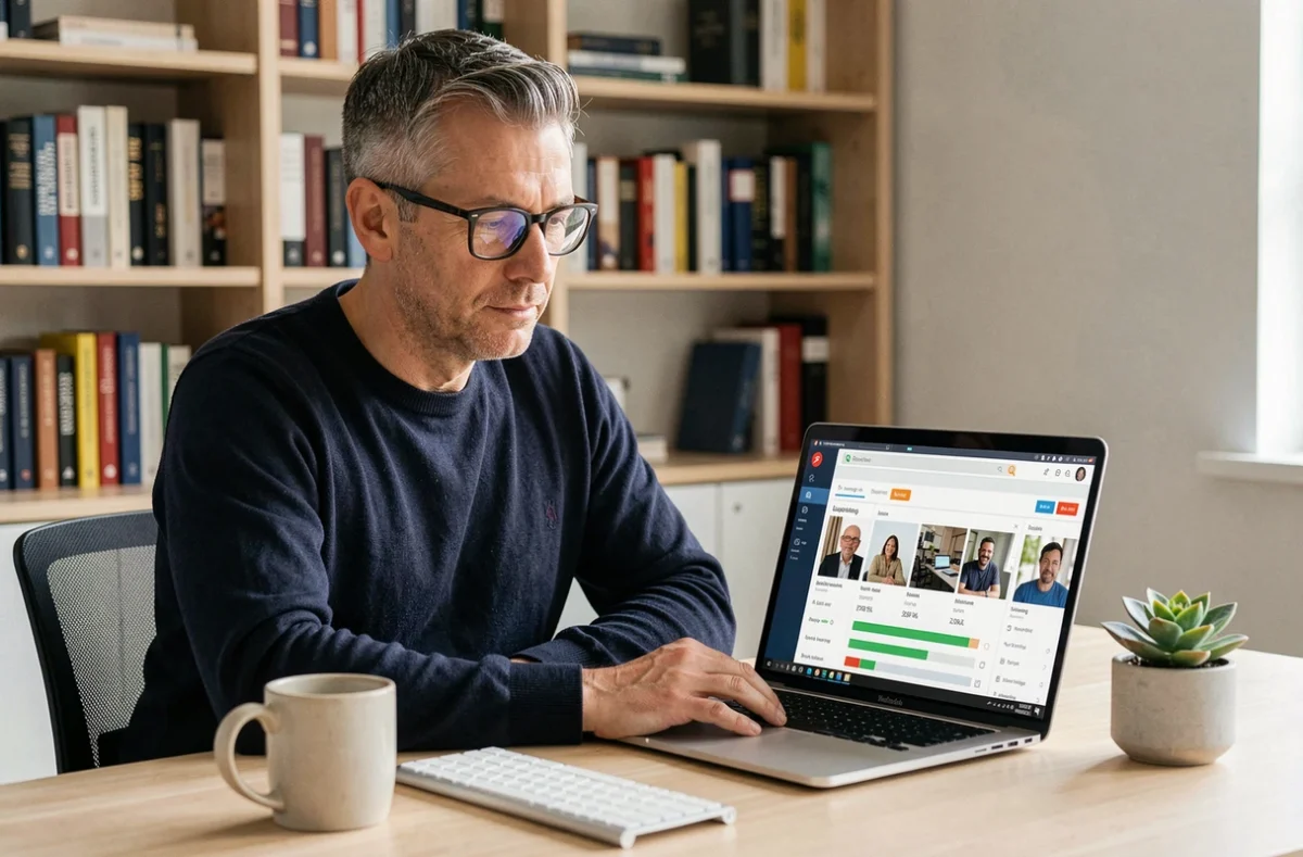 Homme adulte suivant une formation courte en ligne depuis son bureau à domicile sur un ordinateur portable