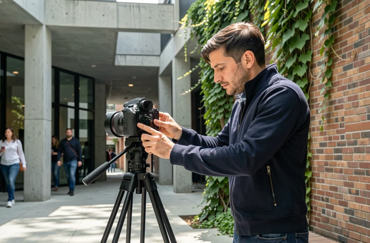 Photographe en formation courte réglant son appareil photo en extérieur lors d'un atelier pratique
