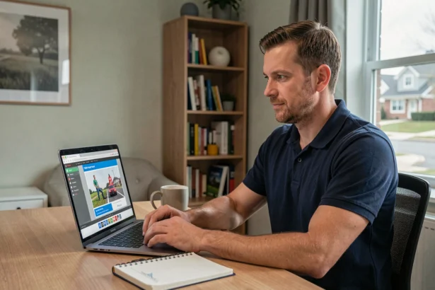 Chauffeur routier en formation FIMO en ligne depuis son bureau à domicile, regardant un module de sécurité routière sur ordinateur portable