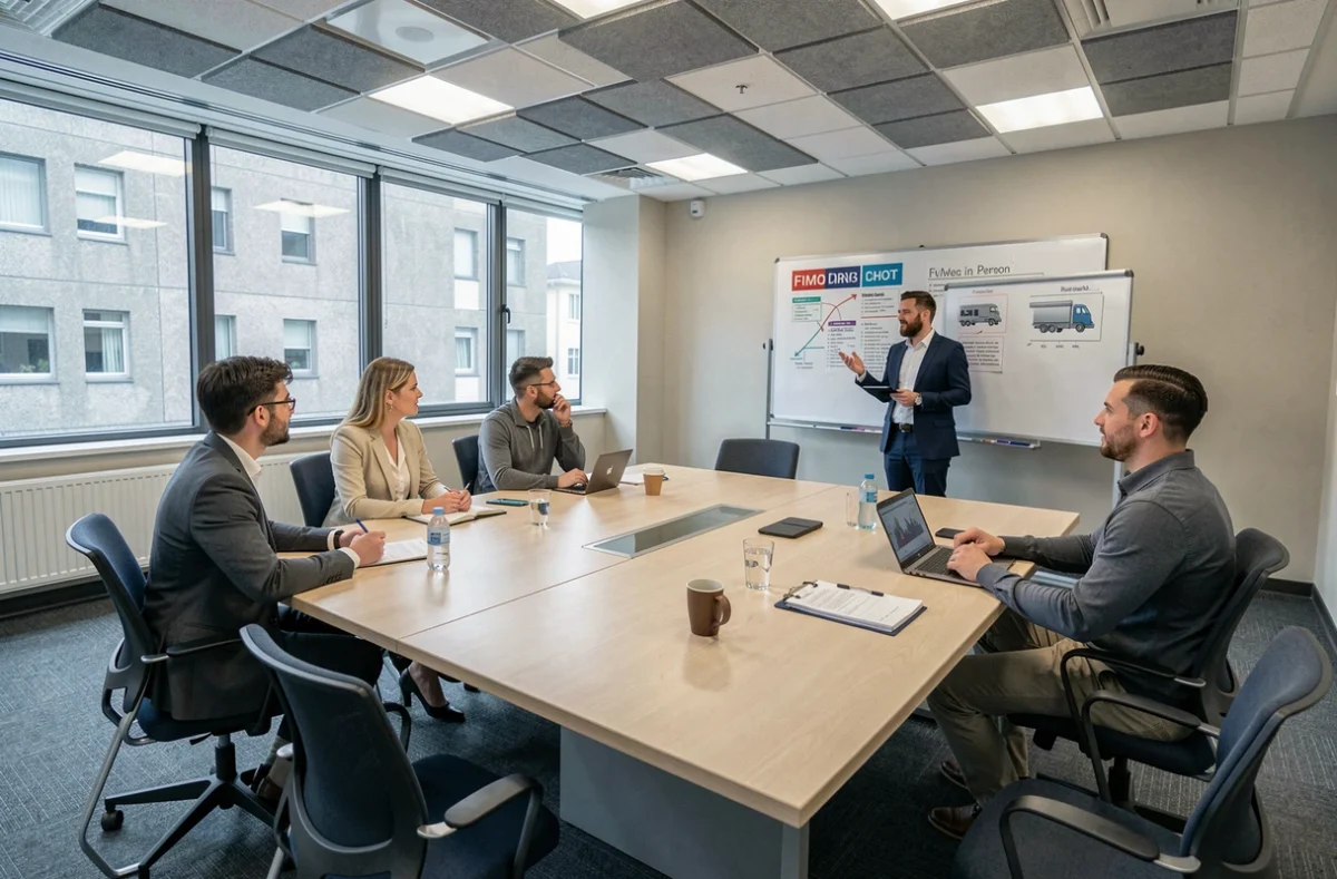 Groupe de stagiaires adultes en formation FIMO présentielle dans une salle de formation professionnelle avec un formateur au tableau