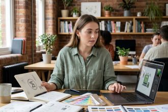 Jeune femme hésitante entre graphisme et illustration, assise dans un studio créatif devant des carnets de croquis et un écran d'ordinateur portable