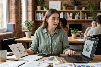 Jeune femme hésitante entre graphisme et illustration, assise dans un studio créatif devant des carnets de croquis et un écran d'ordinateur portable