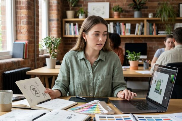 Jeune femme hésitante entre graphisme et illustration, assise dans un studio créatif devant des carnets de croquis et un écran d'ordinateur portable