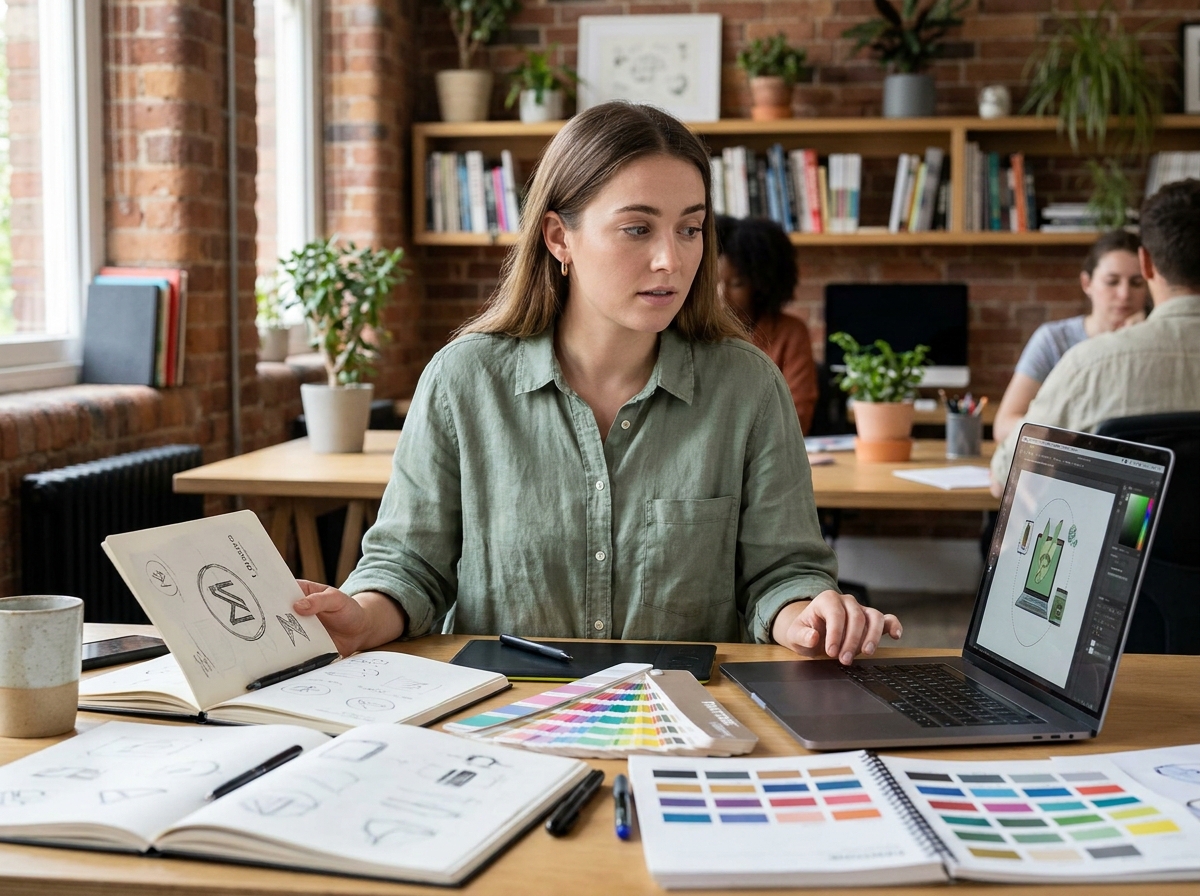 Jeune femme hésitante entre graphisme et illustration, assise dans un studio créatif devant des carnets de croquis et un écran d'ordinateur portable