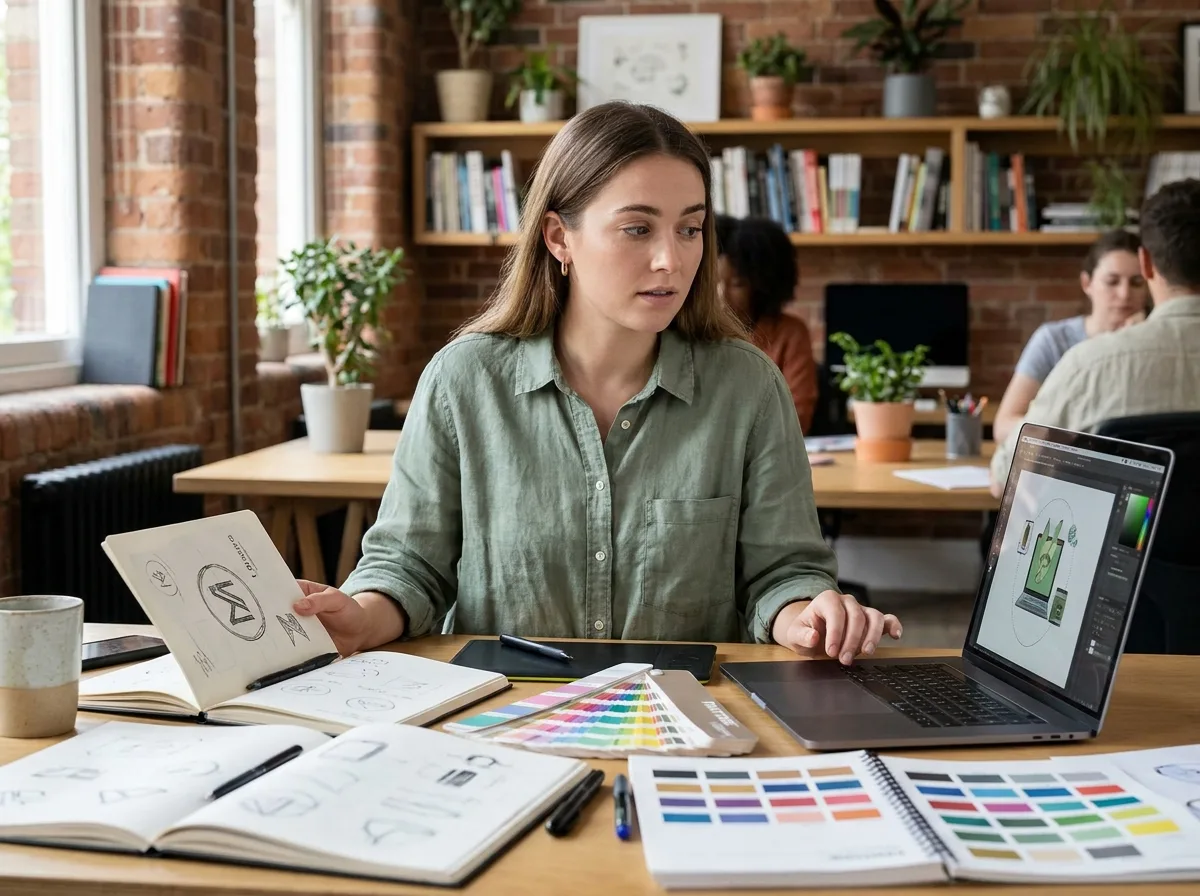 Jeune femme hésitante entre graphisme et illustration, assise dans un studio créatif devant des carnets de croquis et un écran d'ordinateur portable
