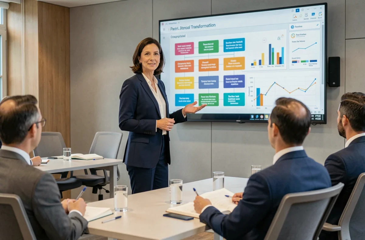 Formatrice experte présentant des stratégies de transformation digitale sur écran interactif lors d'un séminaire professionnel à Paris