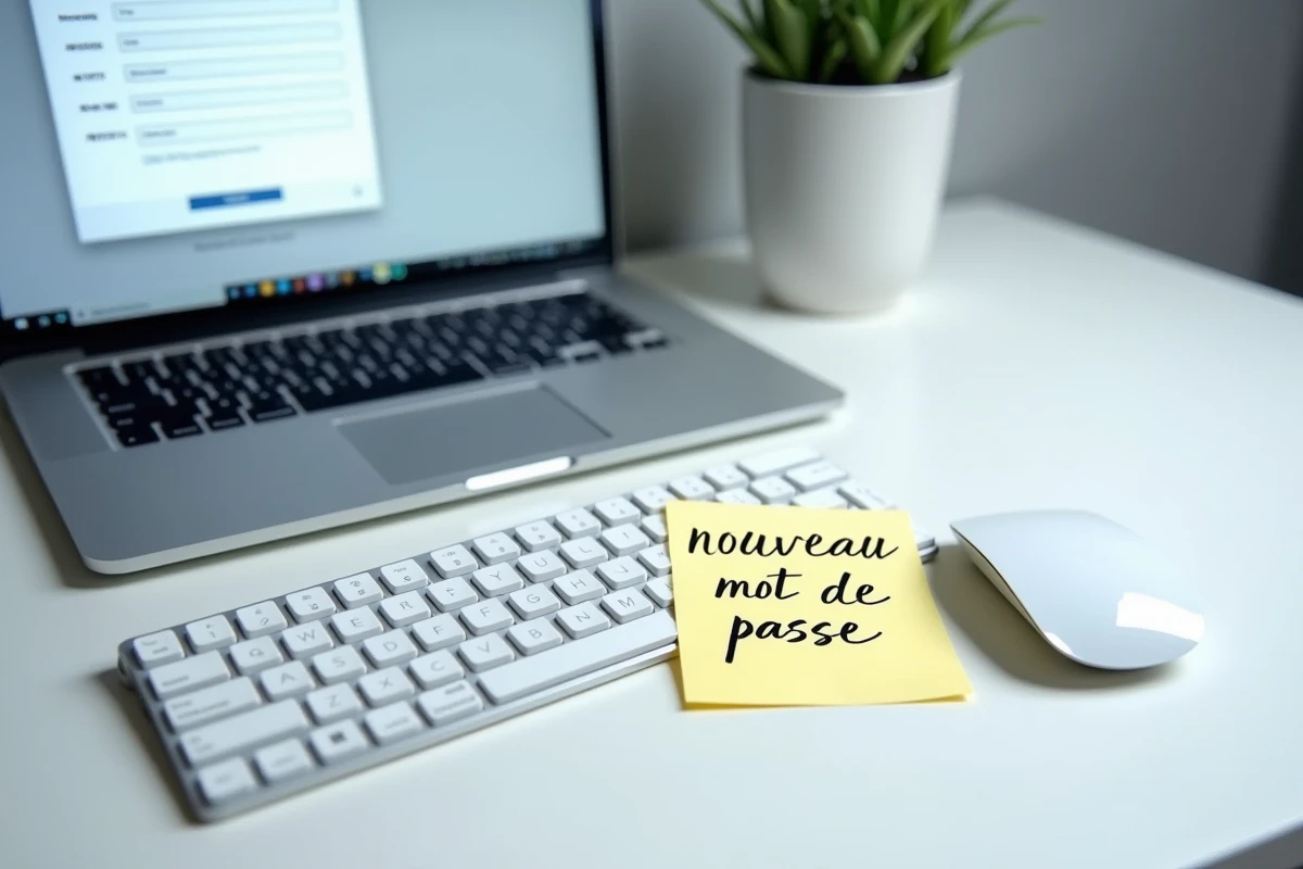 Vue de dessus d'un clavier et d'un post-it avec des instructions pour récupérer un mot de passe oublié sur ENC92