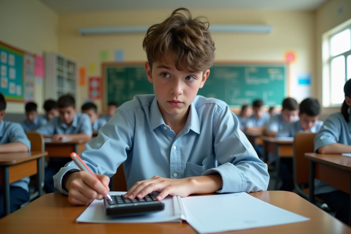 Garçon en classe utilisant une calculatrice et prenant des notes