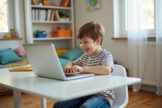 Garçon de 7 ans souriant devant son ordinateur dans sa chambre