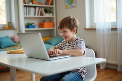 Garçon de 7 ans souriant devant son ordinateur dans sa chambre