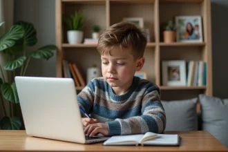Garçon concentré travaillant à son bureau à la maison