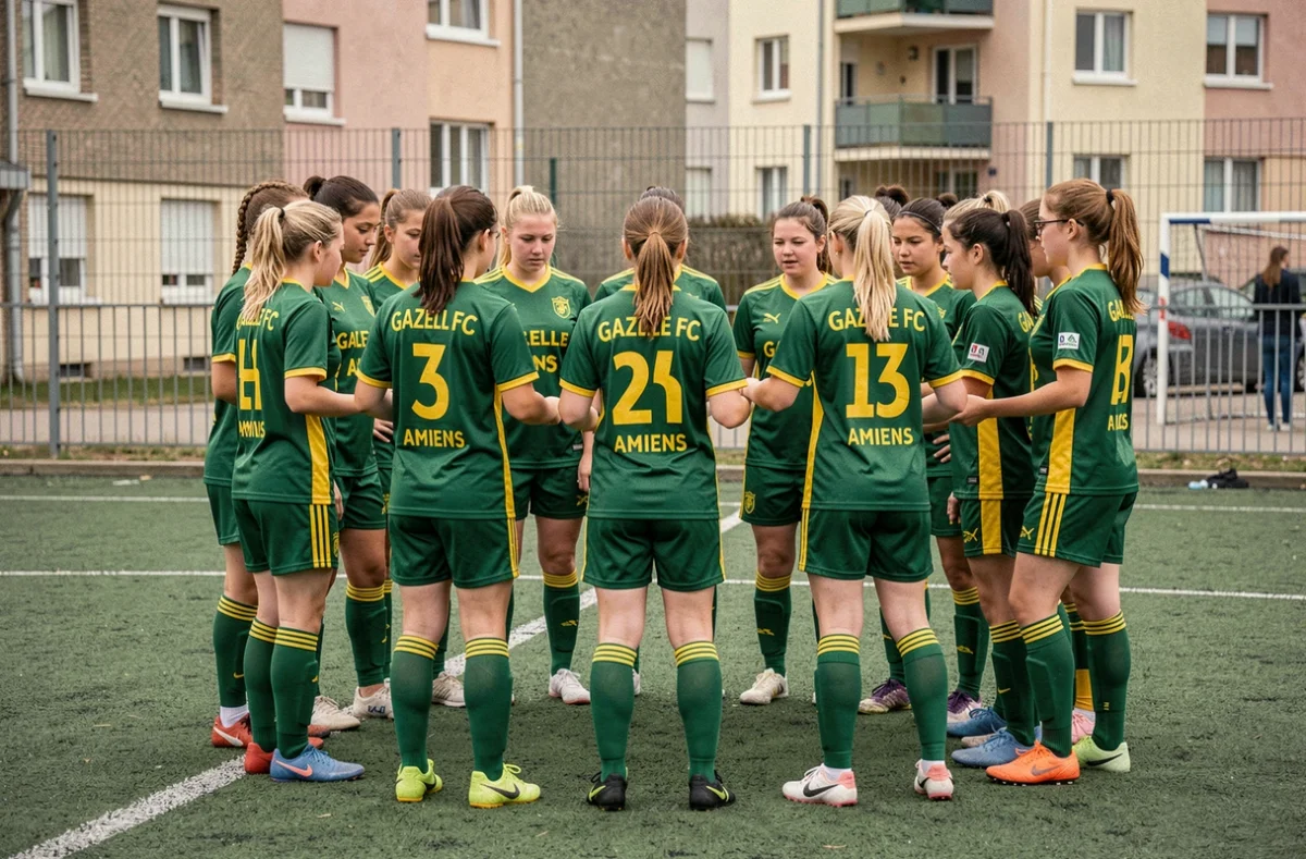 Équipe féminine du Gazelle FC Amiens en cercle avant un match sur un terrain synthétique