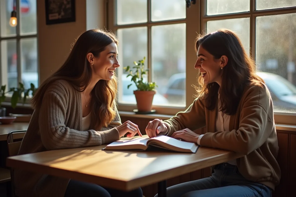 Personnes échangeant des idées autour d'une table pour apprendre une langue