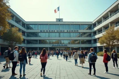 Vue extérieure d'un grand lycée public français avec une cour animée remplie d'élèves portant des sacs à dos