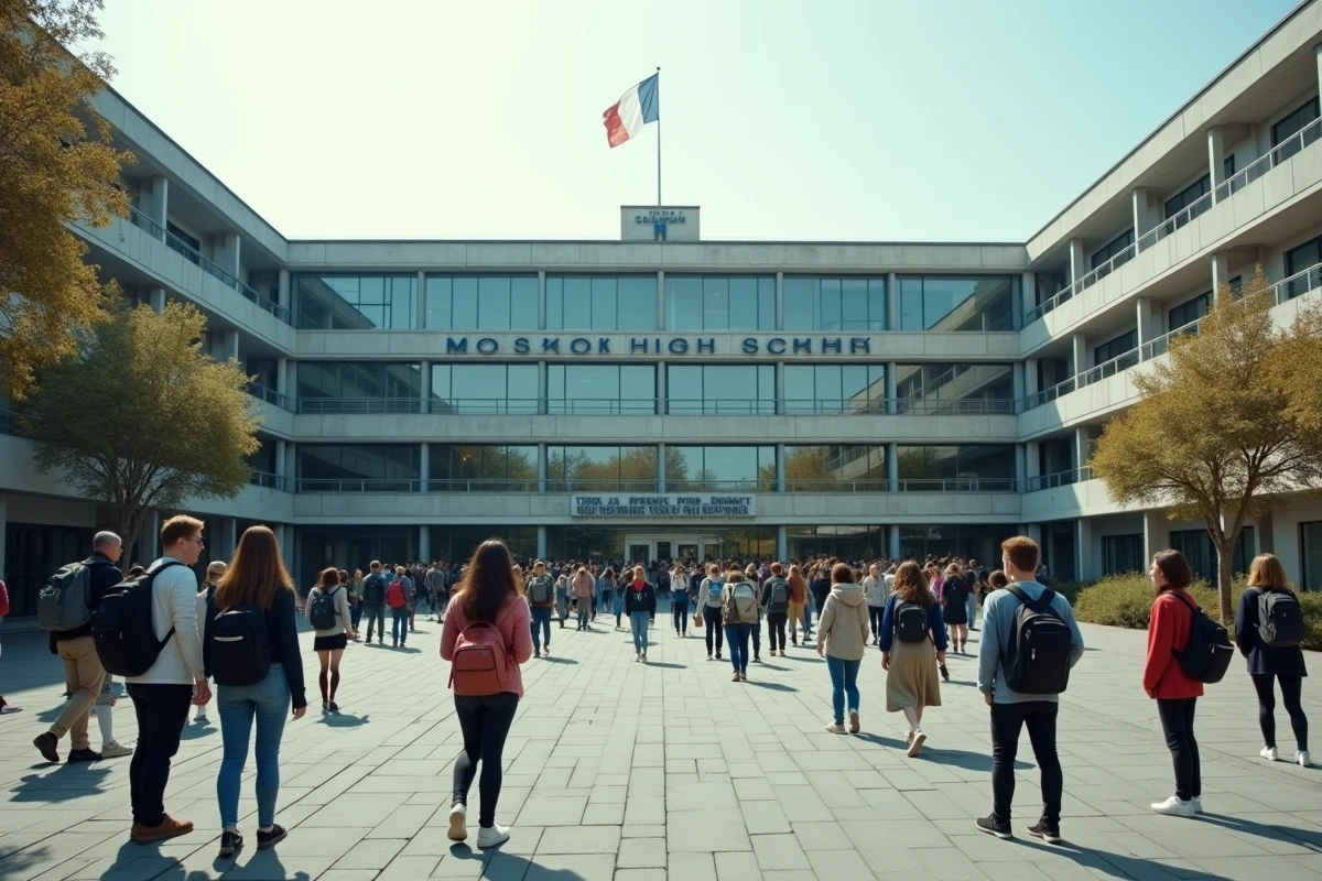 Vue extérieure d'un grand lycée public français avec une cour animée remplie d'élèves portant des sacs à dos