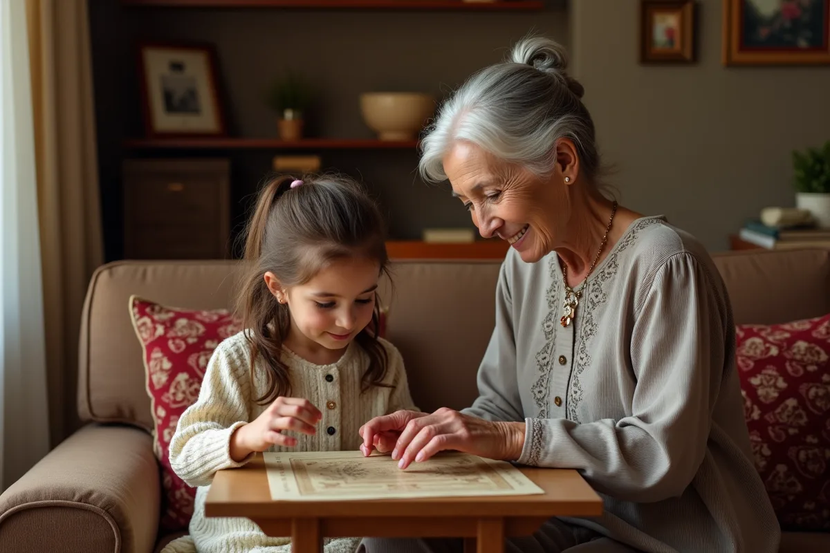 Une grand-mère montre un héritage à une jeune fille