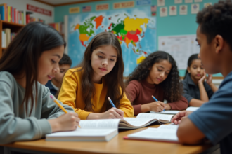 Jeunes adolescents en classe multiculturelle en train de lire