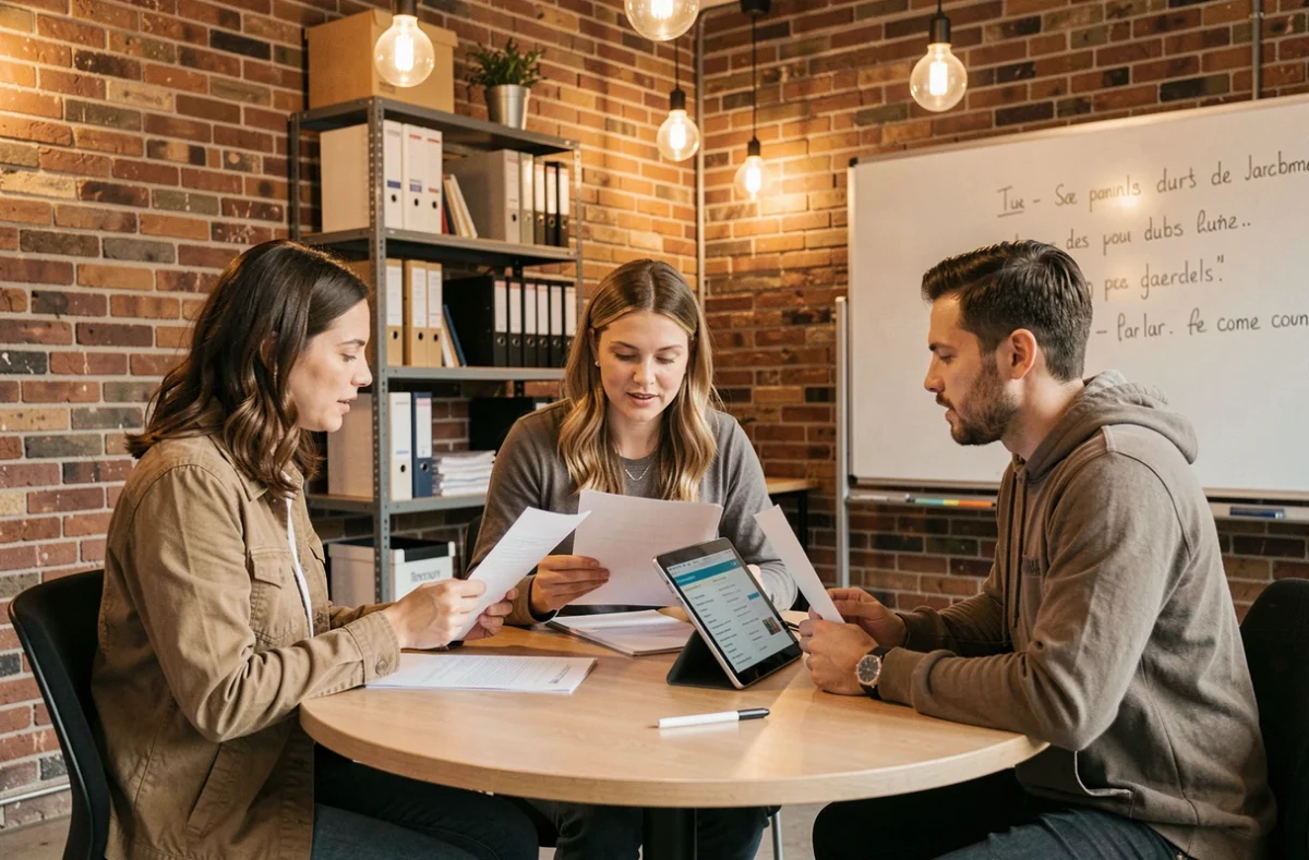 Groupe d'adultes en formation courte présentielle collaborant autour d'une table dans un espace de co-working