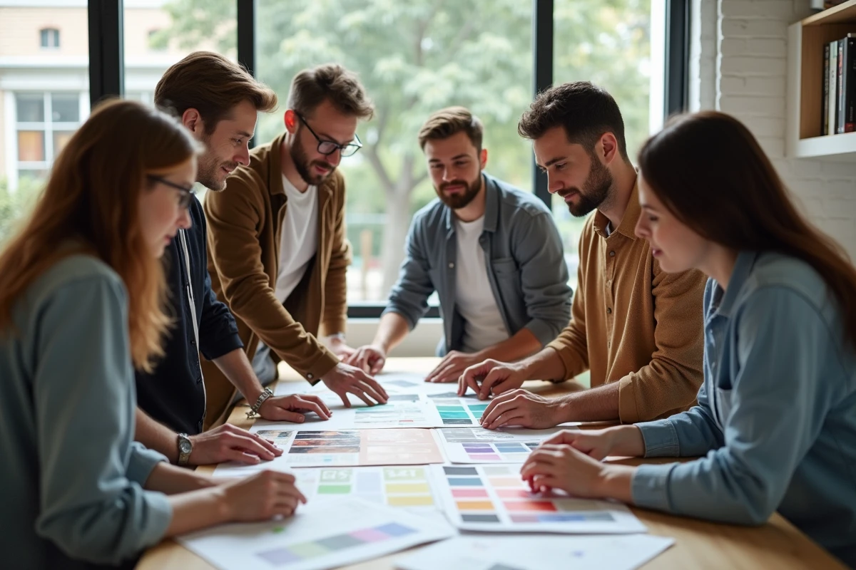Groupe d'adultes collaborant sur un moodboard design