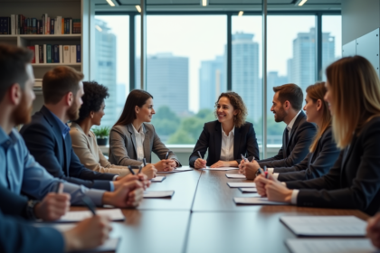 Groupe diversifié en réunion de travail en salle moderne