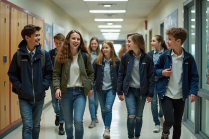 Groupe d'élèves de 12-15 ans dans un couloir scolaire