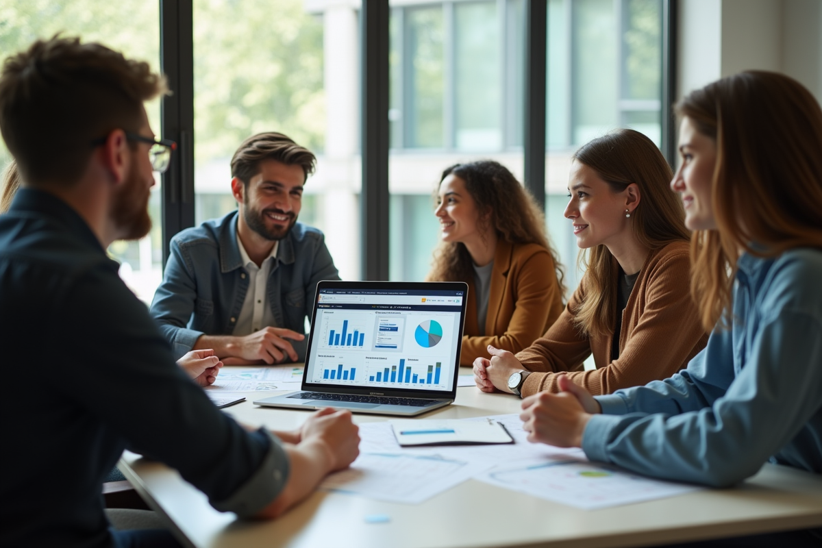 Groupe de jeunes discutant autour d'une table avec graphiques