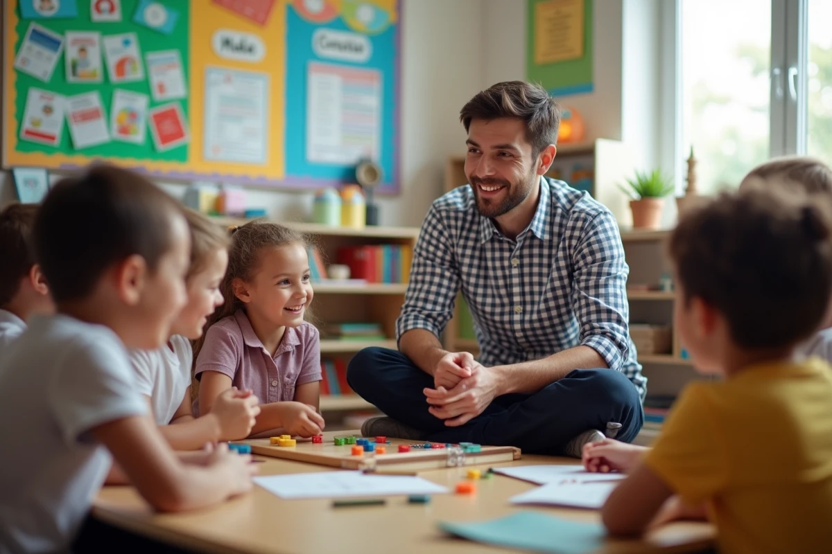Groupe d enfants en cercle avec enseignant en classe inclusive