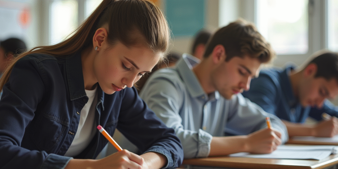 Groupe d'étudiants concentrés en classe pour un examen