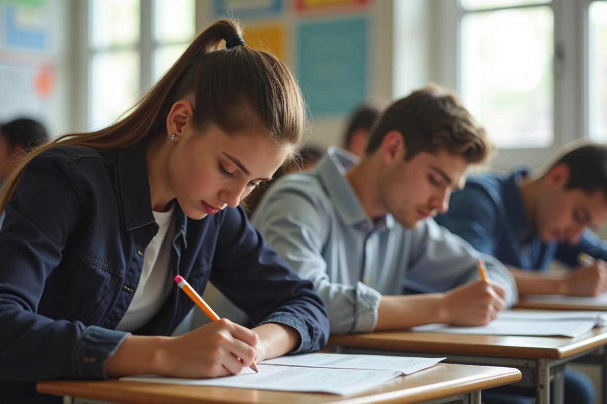 Groupe d'étudiants concentrés en classe pour un examen