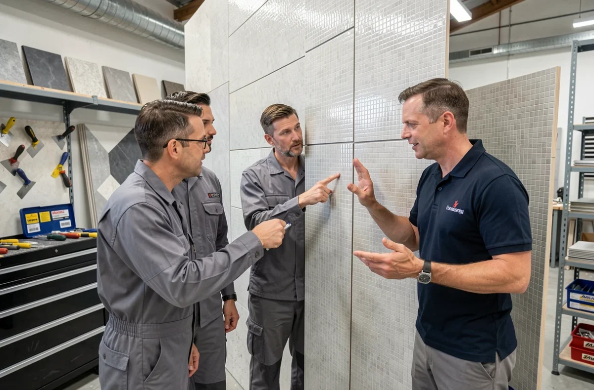Groupe d'adultes en reconversion professionnelle écoutant un formateur lors d'un cours pratique de carrelage mural en centre de formation