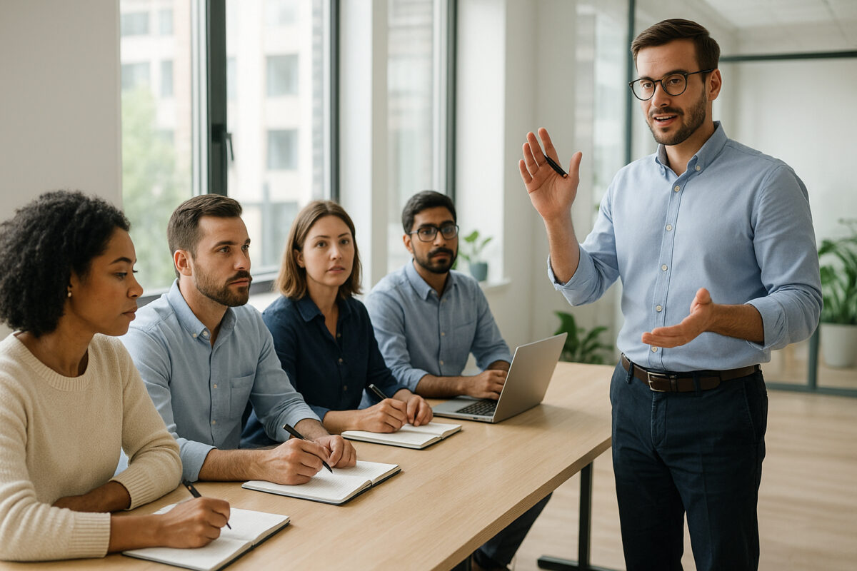 Groupe divers en formation professionnelle en bureau lumineux