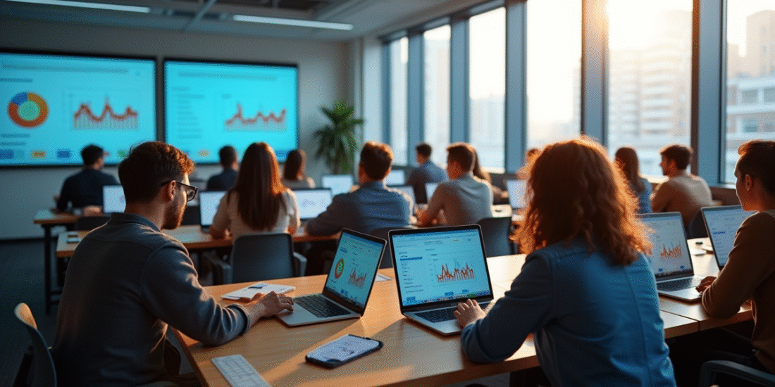 Groupe de jeunes en classe moderne travaillant sur laptops avec R